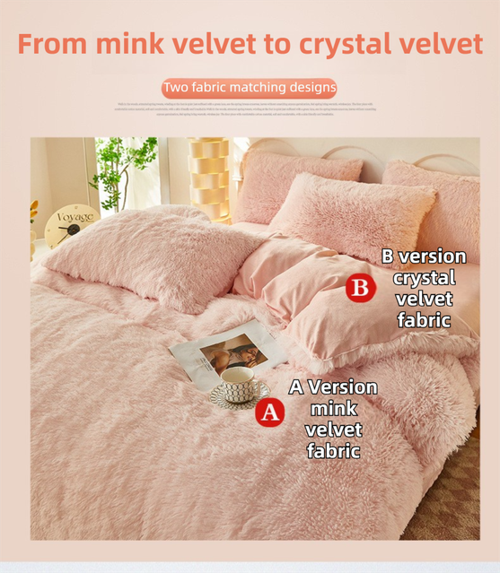 Pink Luxury Thick Plush 4 Piece Bedding Set for 1.5m & 1.8m Beds – Winter Ultra Soft Warm Bedding with Double-Sided Faux Mink Fur & Crystal Velvet, includes 200 x 230CM Quilt Cover, 230 X 250cm Flat Sheet and 2PCS  48 × 74CM Pillowcases