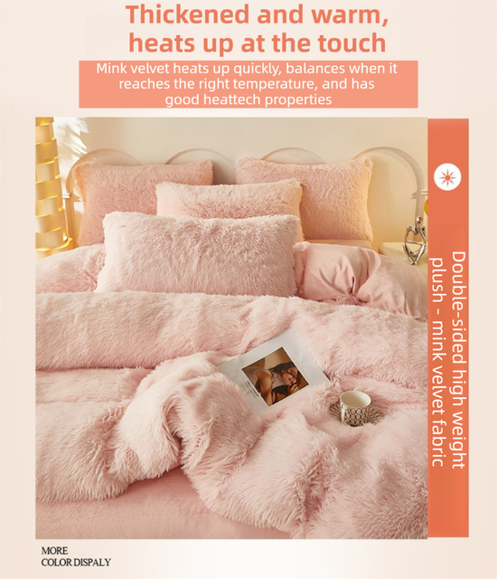 Pink Luxury Thick Plush 4 Piece Bedding Set for 1.5m & 1.8m Beds – Winter Ultra Soft Warm Bedding with Double-Sided Faux Mink Fur & Crystal Velvet, includes 200 x 230CM Quilt Cover, 230 X 250cm Flat Sheet and 2PCS  48 × 74CM Pillowcases