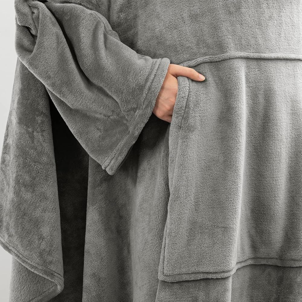 Dark Grey 180 x 120CM Extra Large Wearable Wrap Blanket with Sleeves and Large Pocket, Cozy Thickened Flannel Oversized TV Blanket Robe and Sofa Throw for Home Lounging