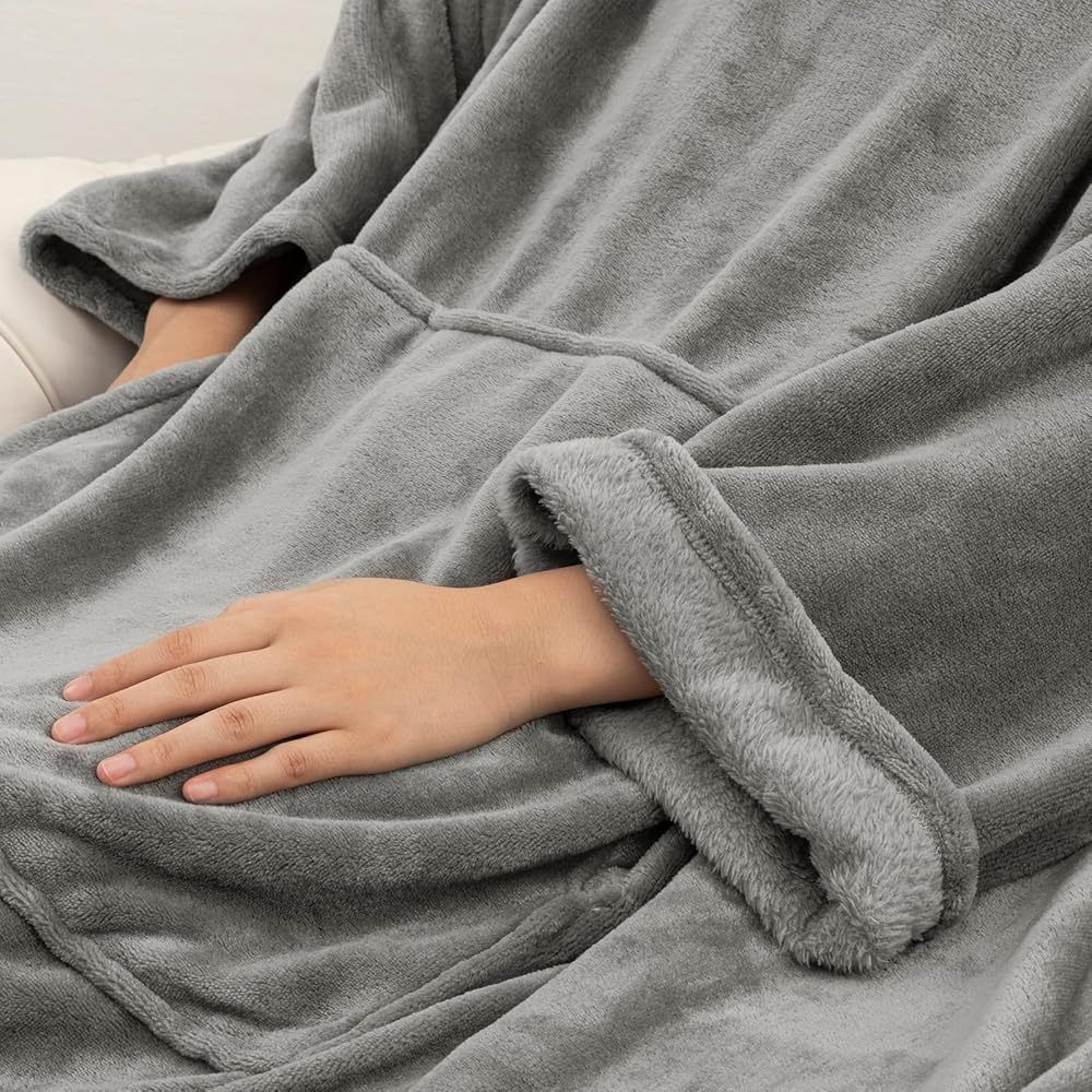 Pink 180 x 120CM Extra Large Wearable Wrap Blanket with Sleeves and Large Pocket, Cozy Thickened Flannel Oversized TV Blanket Robe and Sofa Throw for Home Lounging