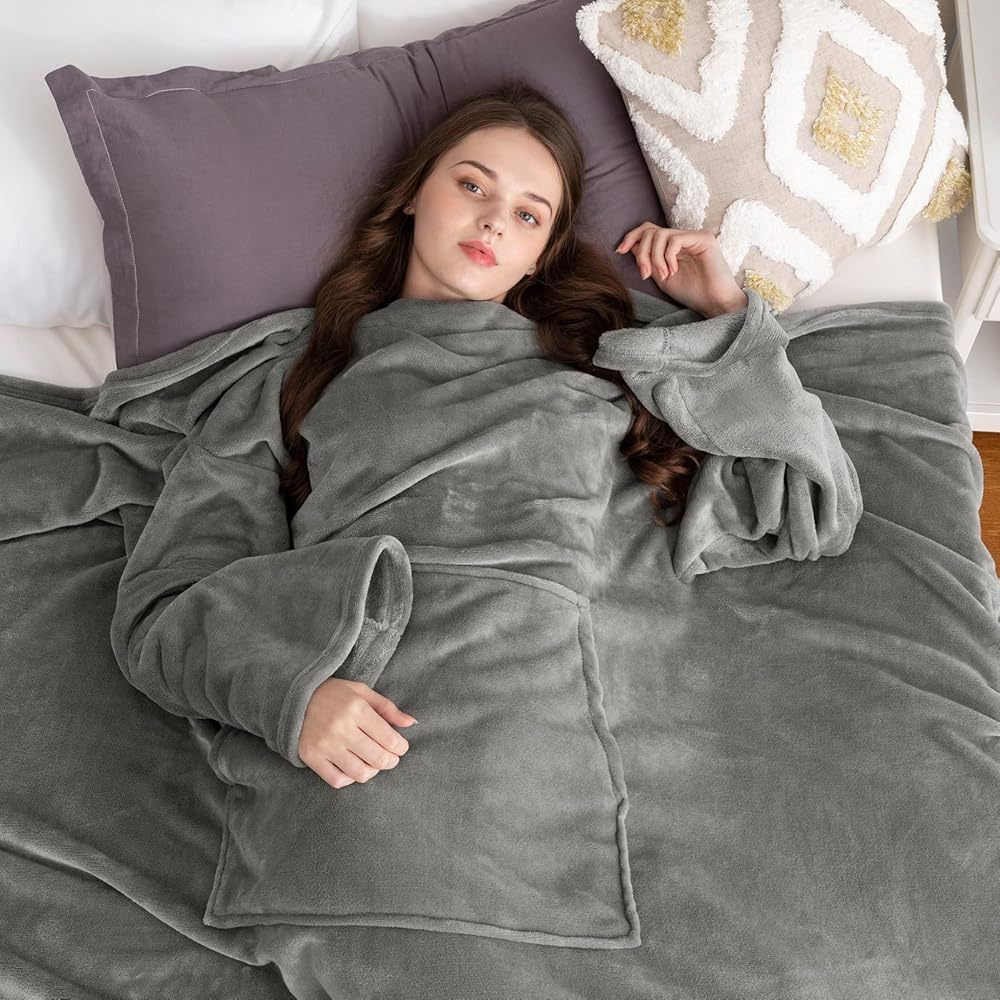 Blue 180 x 120CM Extra Large Wearable Wrap Blanket with Sleeves and Large Pocket, Cozy Thickened Flannel Oversized TV Blanket Robe and Sofa Throw for Home Lounging