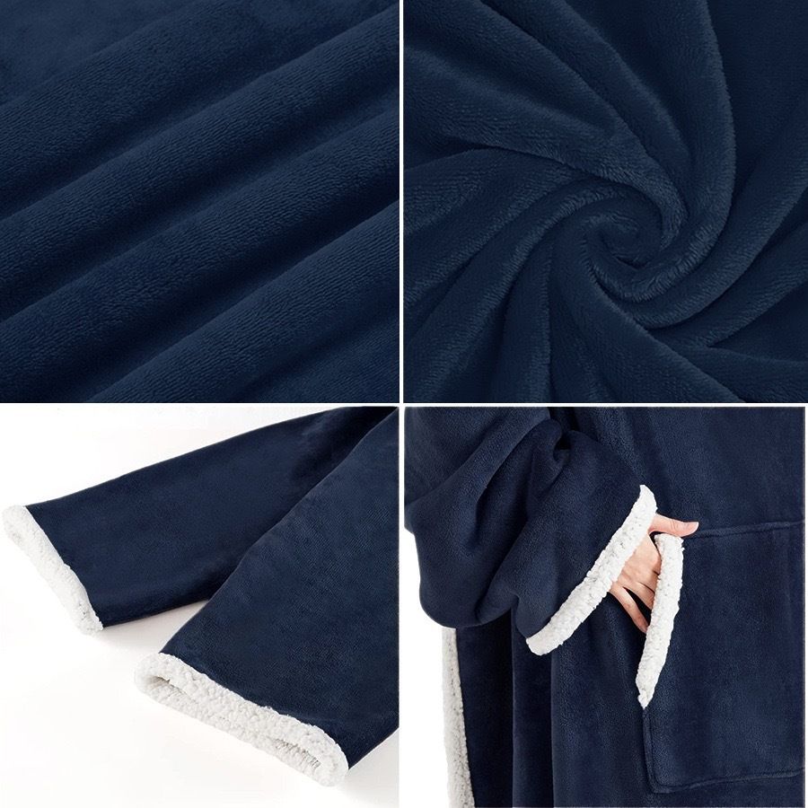 Blue 180 x 120CM Extra Large Wearable Wrap Blanket with Sleeves and Large Pocket, Cozy Thickened Composed Flannel Sherpa Fleece Oversized TV Blanket Robe and Sofa Throw for Home Lounging