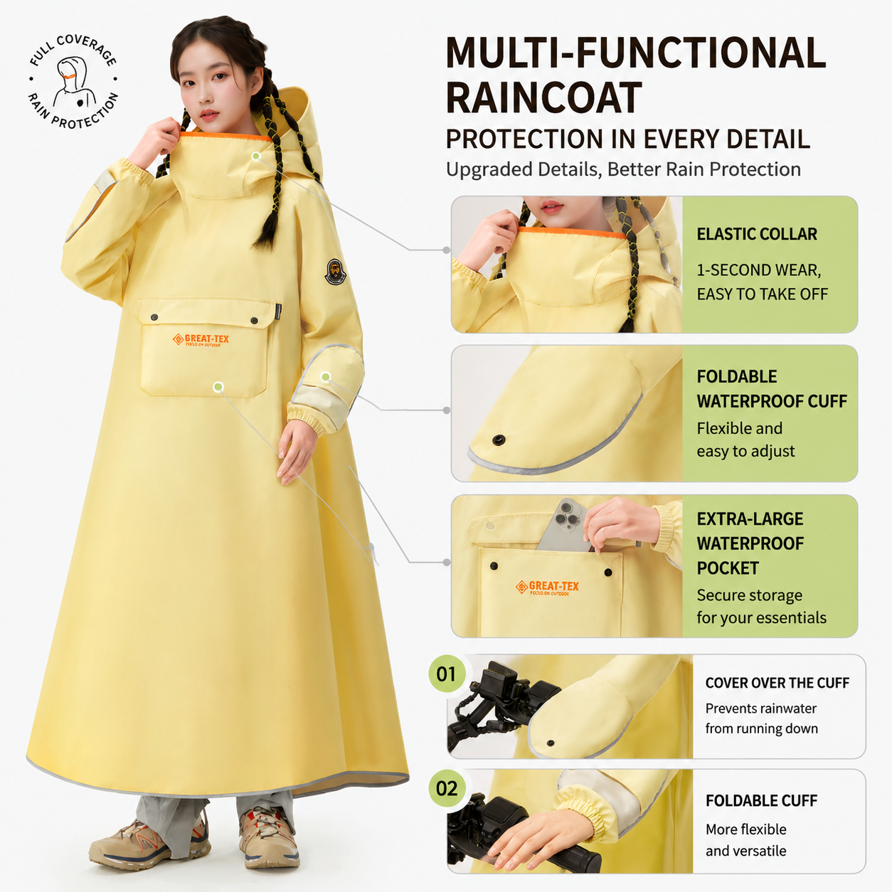 White Full Coverage & Extended Cycling Hooded Rain Poncho with Detachable Shoe Covers, XL Size – Thickened Waterproof Oxford Motorcycle Raincoat with Face-Protection Elastic Collar, Large Storage Pocket and Foldable Sleeve Cover for Men Women Outdoor Use