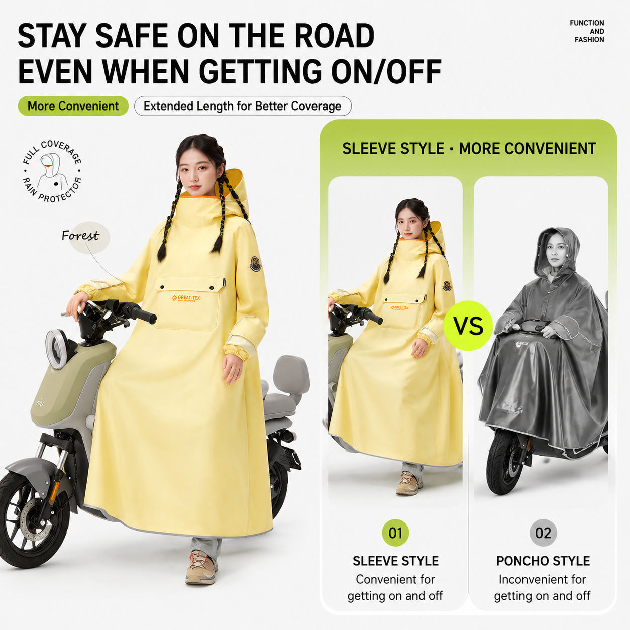 White Full Coverage & Extended Cycling Hooded Rain Poncho with Detachable Shoe Covers, 2XL Size – Thickened Waterproof Oxford Motorcycle Raincoat with Face-Protection Elastic Collar, Large Storage Pocket and Foldable Sleeve Cover for Men Women Outdoor Use