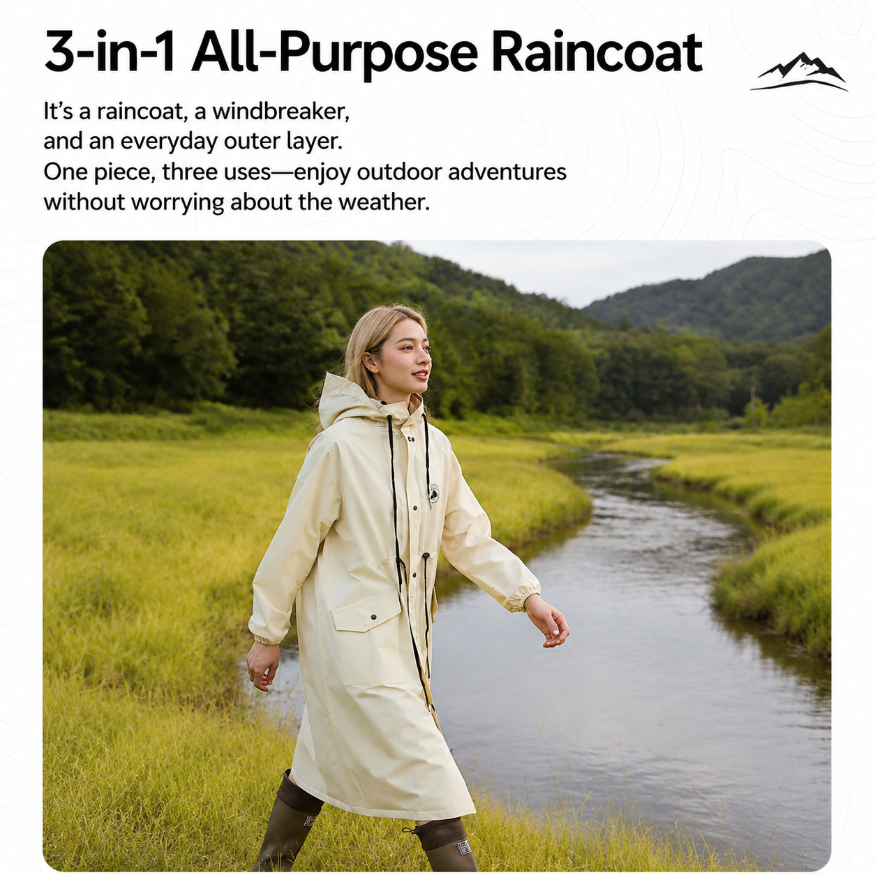 White Full-Cover Hooded EVA Raincoat, Long Trench Coat Waterproof Rain Poncho with Adjustable Waist & Collar Drawstring, Zipper & Snap Windproof Closure, Extended Clear Brim and Covered Pockets for Dailywear Cycling Hiking Camping Use, XL Size