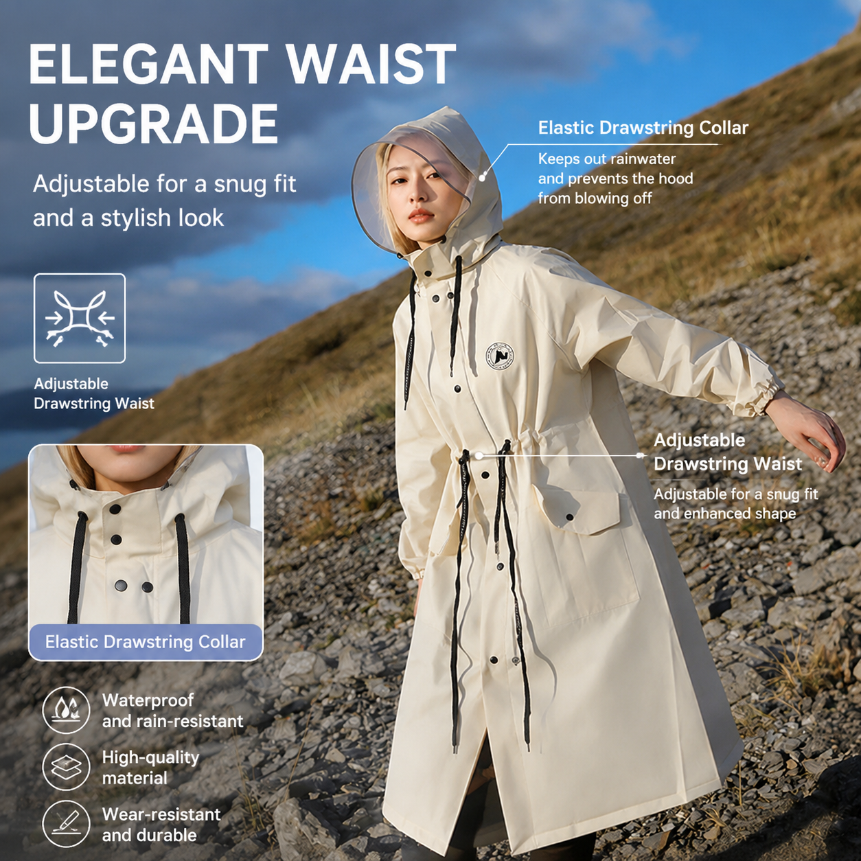 White Full-Cover Hooded EVA Raincoat, Long Trench Coat Waterproof Rain Poncho with Adjustable Waist & Collar Drawstring, Zipper & Snap Windproof Closure, Extended Clear Brim and Covered Pockets for Dailywear Cycling Hiking Camping Use, XL Size