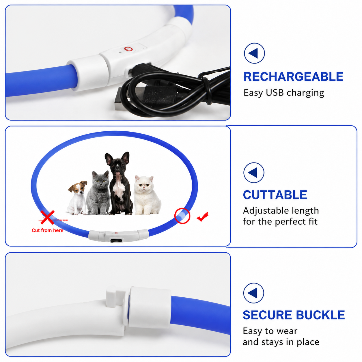 3PCS USB Rechargeable LED Pet Collar (Red Yellow White) – 70cm Cuttable Silicone Glow Dog Collar with 12 LED Beads, 3 Flash Modes and Secure Buckle Design, Night Safety Glow Necklace for Dogs and Cats Walking
