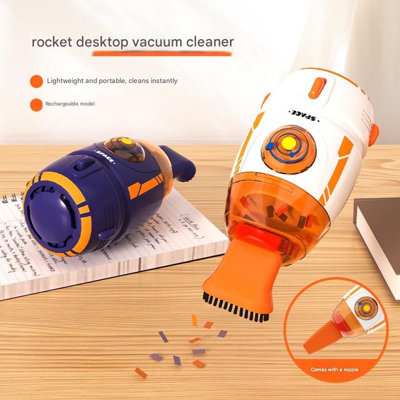 Orange and Blue Rocket Desktop Vacuum Cleaner - USB Rechargeable, 500mAh Battery, Two Types of Suction Nozzles, Transparent Dustbin - Compact Handheld Vacuum for Keyboard, Eraser Shavings, Desk & Car Cleaning