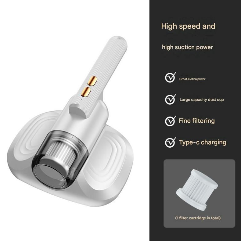 White Cordless Handheld Mite Removal Vacuum - 10KPA Suction, UV Blue Light, 200ML Dust Cup, 3-Stage Filtration - Portable Cleaner for Bed, Sofa & Carpet