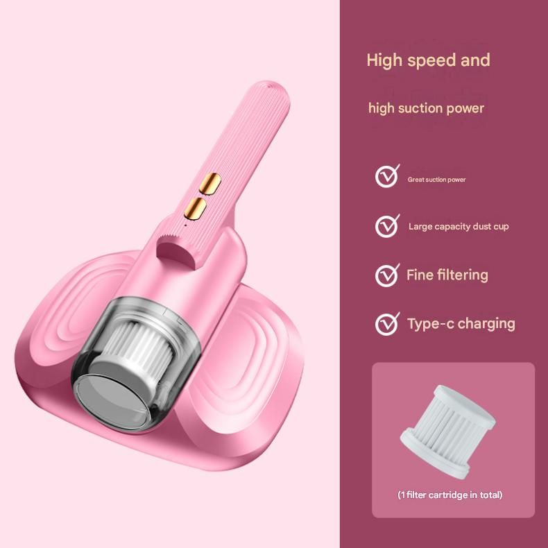 Pink Cordless Handheld Mite Removal Vacuum - 10KPA Suction, UV Blue Light, 200ML Dust Cup, 3-Stage Filtration - Portable Cleaner for Bed, Sofa & Carpet