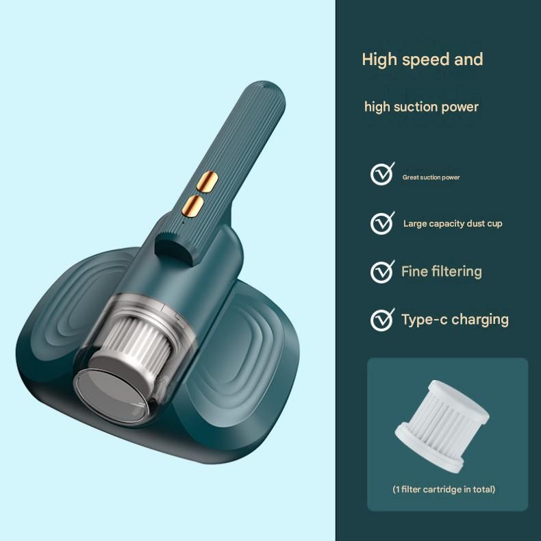 Green Cordless Handheld Mite Removal Vacuum - 10KPA Suction, UV Blue Light, 200ML Dust Cup, 3-Stage Filtration - Portable Cleaner for Bed, Sofa & Carpet