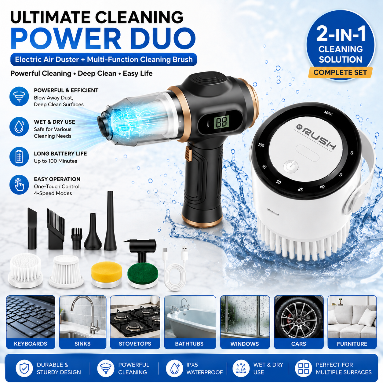 Black and White Cordless 2-in-1 Cleaning Kit  Vacuum cleaner(2 x 2000mAh) and Spin Scrubber Set（Includes three types of brush heads） for Home Car Kitchen Bathroom Cleaning