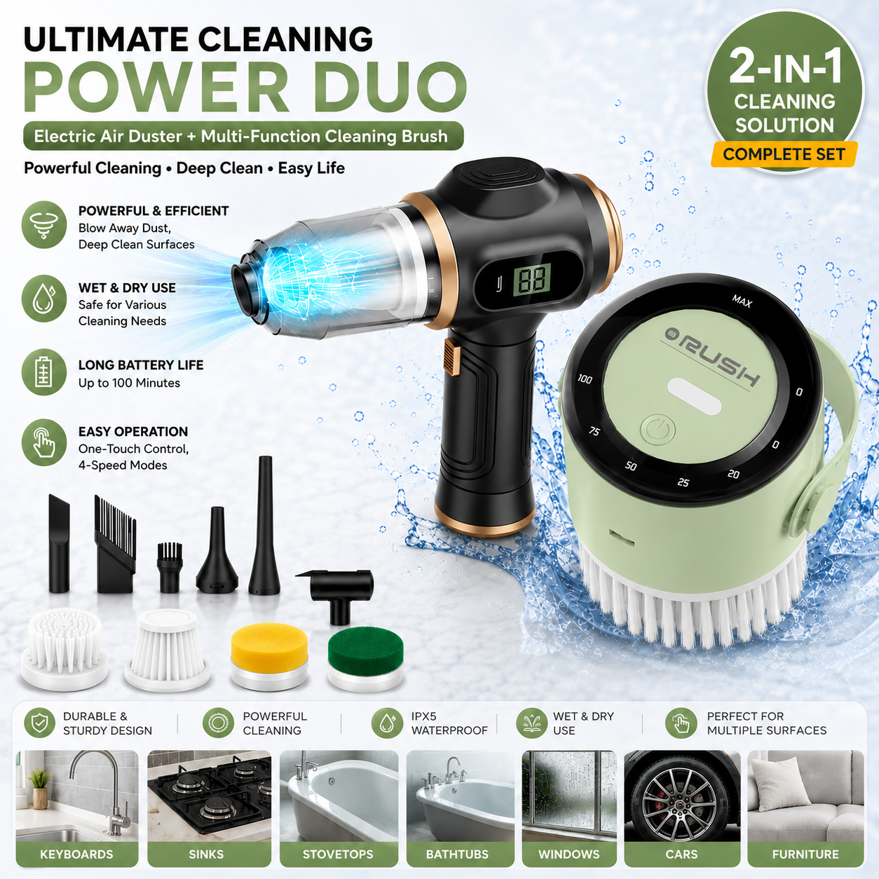 Black and Green Cordless 2-in-1 Cleaning Kit  Vacuum cleaner(2 x 2000mAh) and Spin Scrubber Set（Includes three types of brush heads） for Home Car Kitchen Bathroom Cleaning