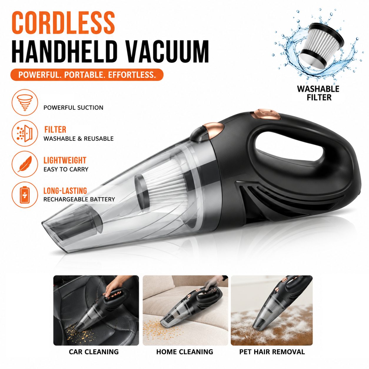 Cordless Handheld Car Vacuum Cleaner - Portable Wireless Dustbuster for Car and Home, Wet and Dry Cleaning, Multi-Filter System, Compact Lightweight Design, Easy Empty Dust Cup