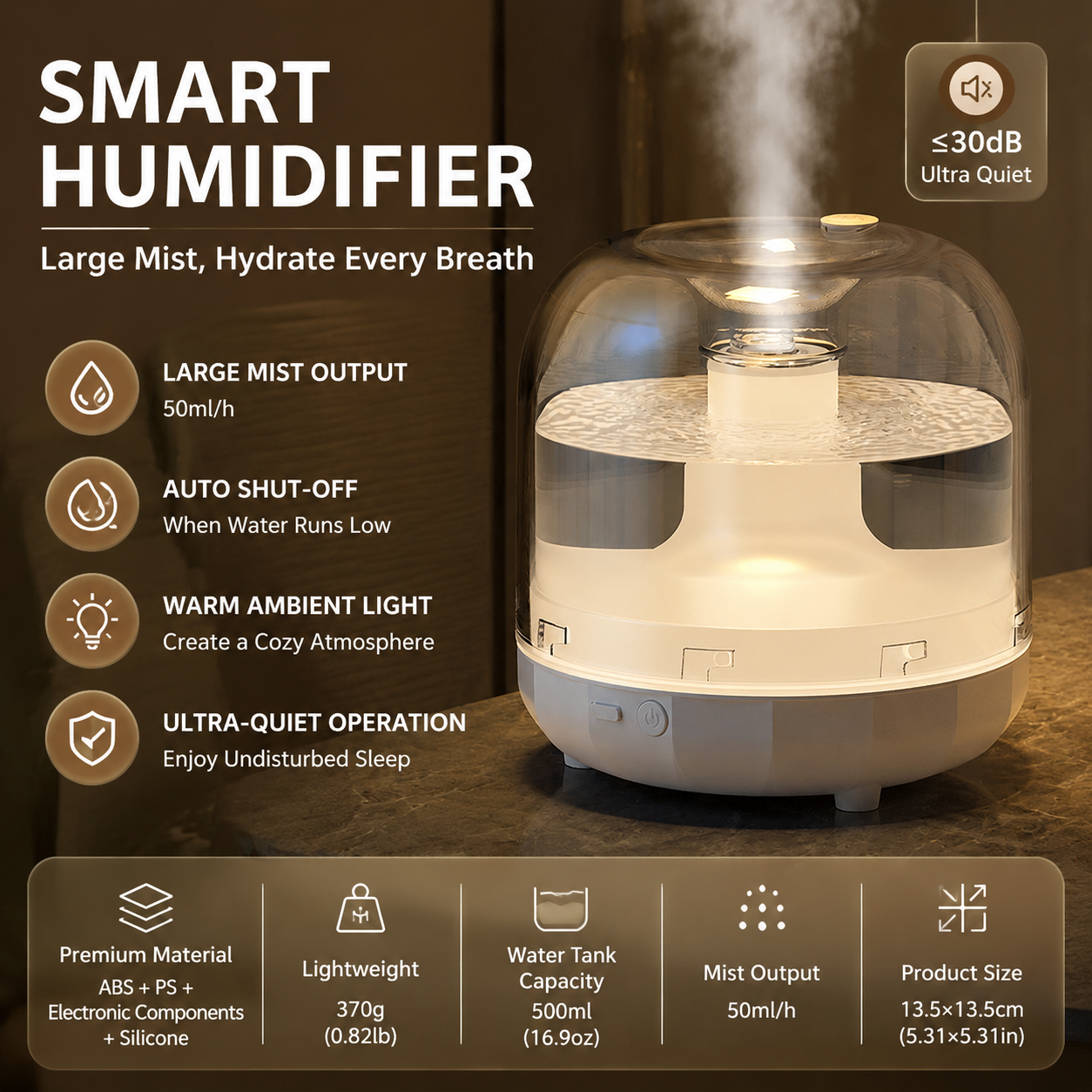 White 500ml Smart Ultrasonic Humidifier & Aroma Diffuser – USB Silent Air Moisturizer, LED Bedroom Mist Maker