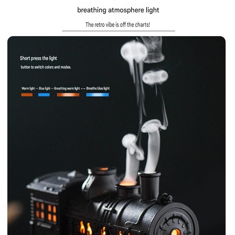 Black Retro Train Aromatherapy Humidifier - 300ml Ultrasonic Cool Mist Diffuser with Jellyfish Smoke Ring, LED Night Light  for Bedroom Office Desk Decor