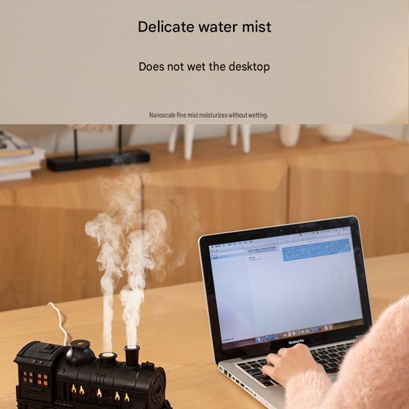 White Retro Train Aromatherapy Humidifier - 300ml Ultrasonic Cool Mist Diffuser with Jellyfish Smoke Ring, LED Night Light  for Bedroom Office Desk Decor