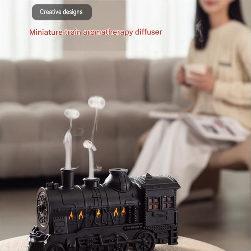 Silvery Retro Train Aromatherapy Humidifier - 300ml Ultrasonic Cool Mist Diffuser with Jellyfish Smoke Ring, LED Night Light  for Bedroom Office Desk Decor