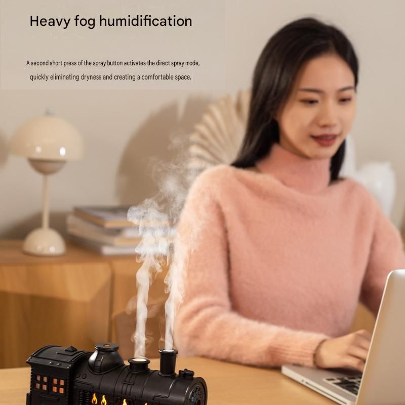 Silvery Retro Train Aromatherapy Humidifier - 300ml Ultrasonic Cool Mist Diffuser with Jellyfish Smoke Ring, LED Night Light  for Bedroom Office Desk Decor