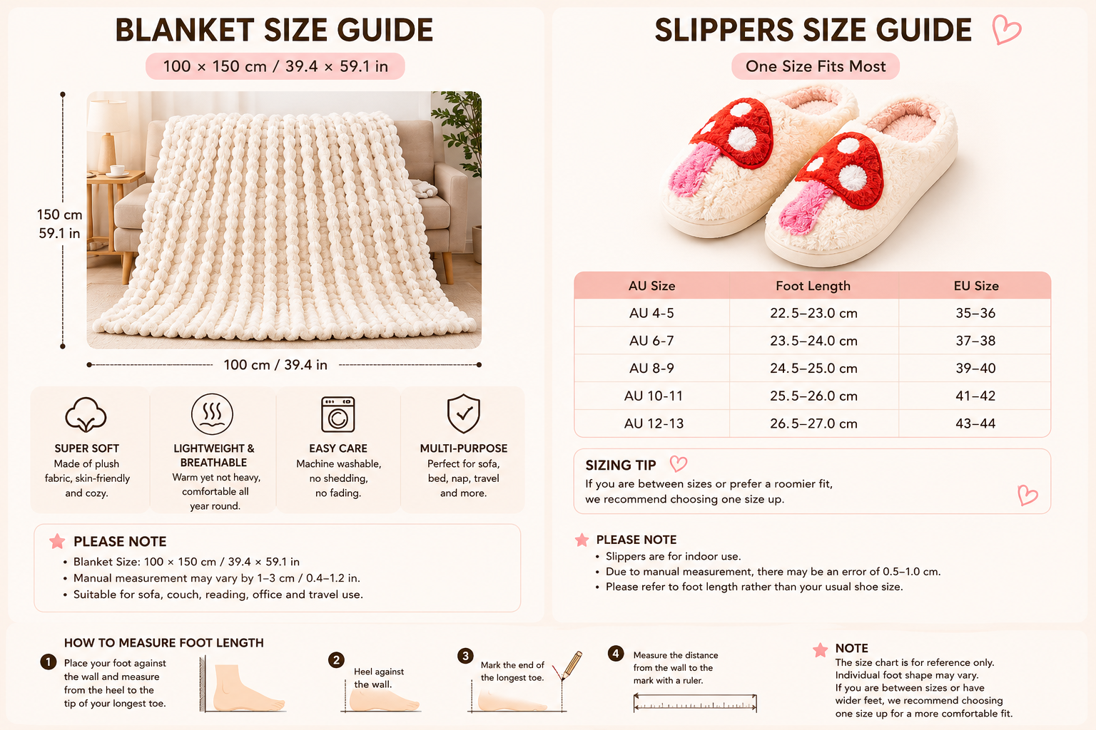 Mushroom-Themed Plush Slippers & Bubble Fleece Throw Blanket Set — A Cozy, Warm Winter Home Gift Bundle, Including Soft & Warm Indoor Slippers (Size AU 8-9) and a 100x150cm Flannel Throw Blanket