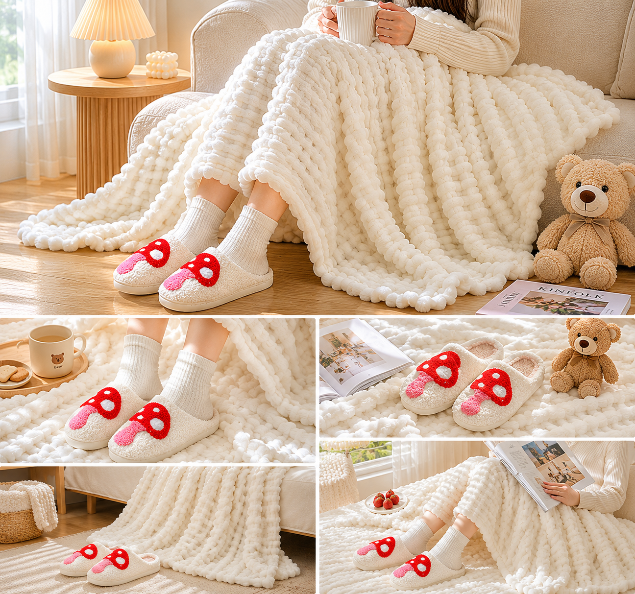 Mushroom-Themed Plush Slippers & Bubble Fleece Throw Blanket Set — A Cozy, Warm Winter Home Gift Bundle, Including Soft & Warm Indoor Slippers (Size AU 10-11) and a 100x150cm Flannel Throw Blanket