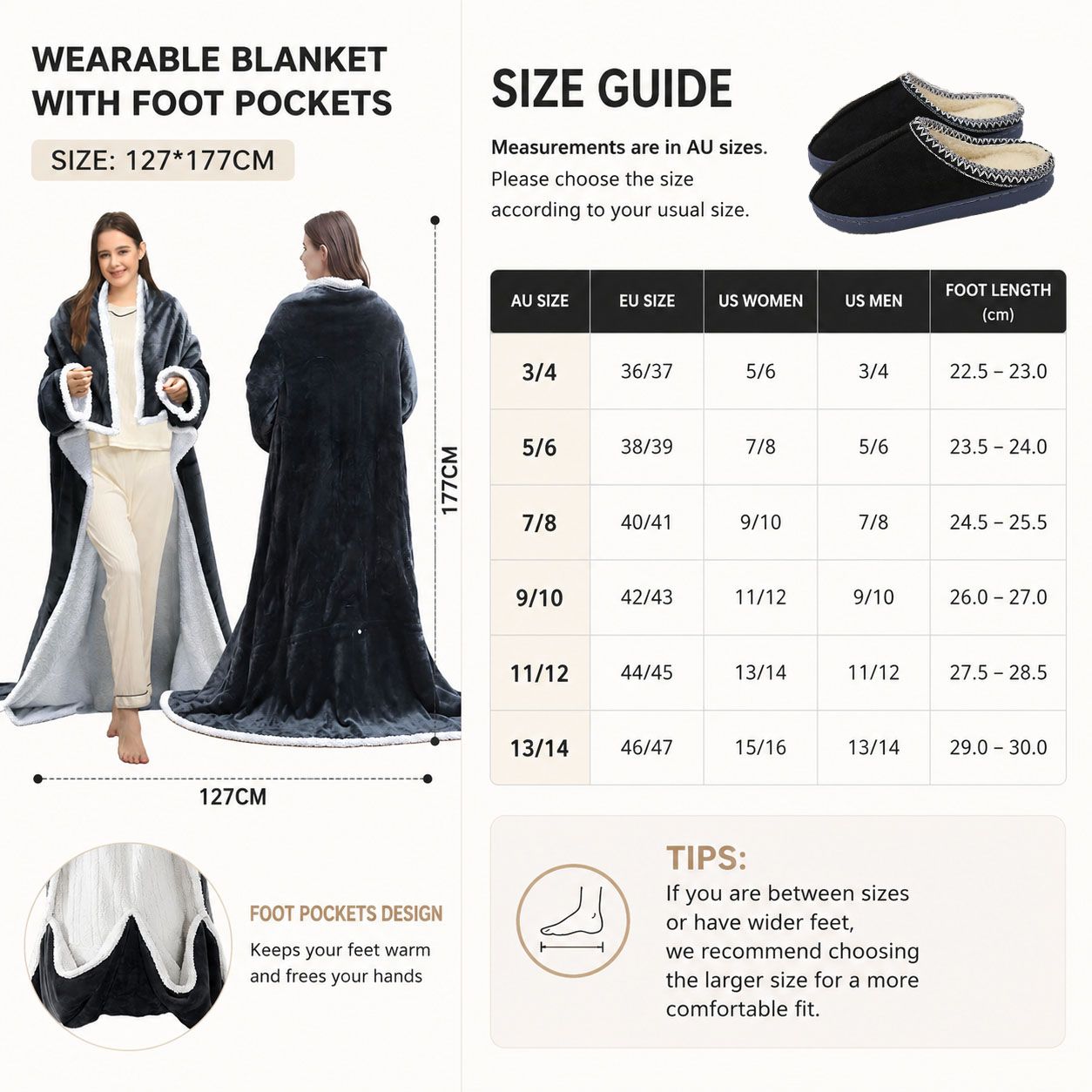 Wearable Electric Heated Blanket with Foot Pocket 127x177cm and Suede Fleece Slippers Set AU 7-8, Winter Warm Home Comfort Bundle