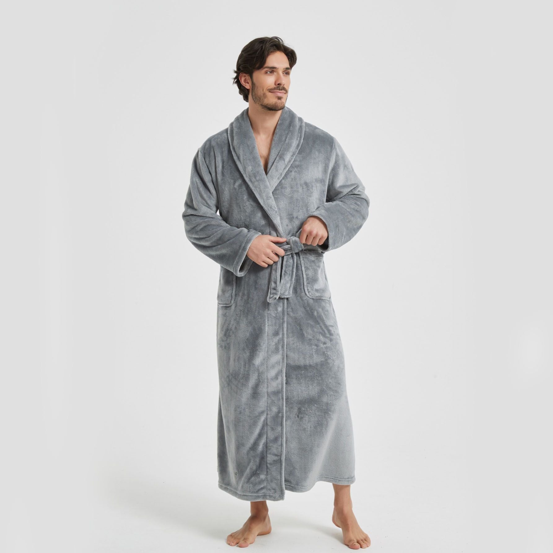 Men's Flannel Bathrobe Grey M Size - Soft Coral Fleece Hooded Kimono Collar Dressing Gown Loose Fit Warm Comfortable Loungewear Home Spa Easy Care Machine Washable