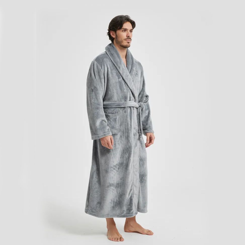 Men's Flannel Bathrobe Grey M Size - Soft Coral Fleece Hooded Kimono Collar Dressing Gown Loose Fit Warm Comfortable Loungewear Home Spa Easy Care Machine Washable