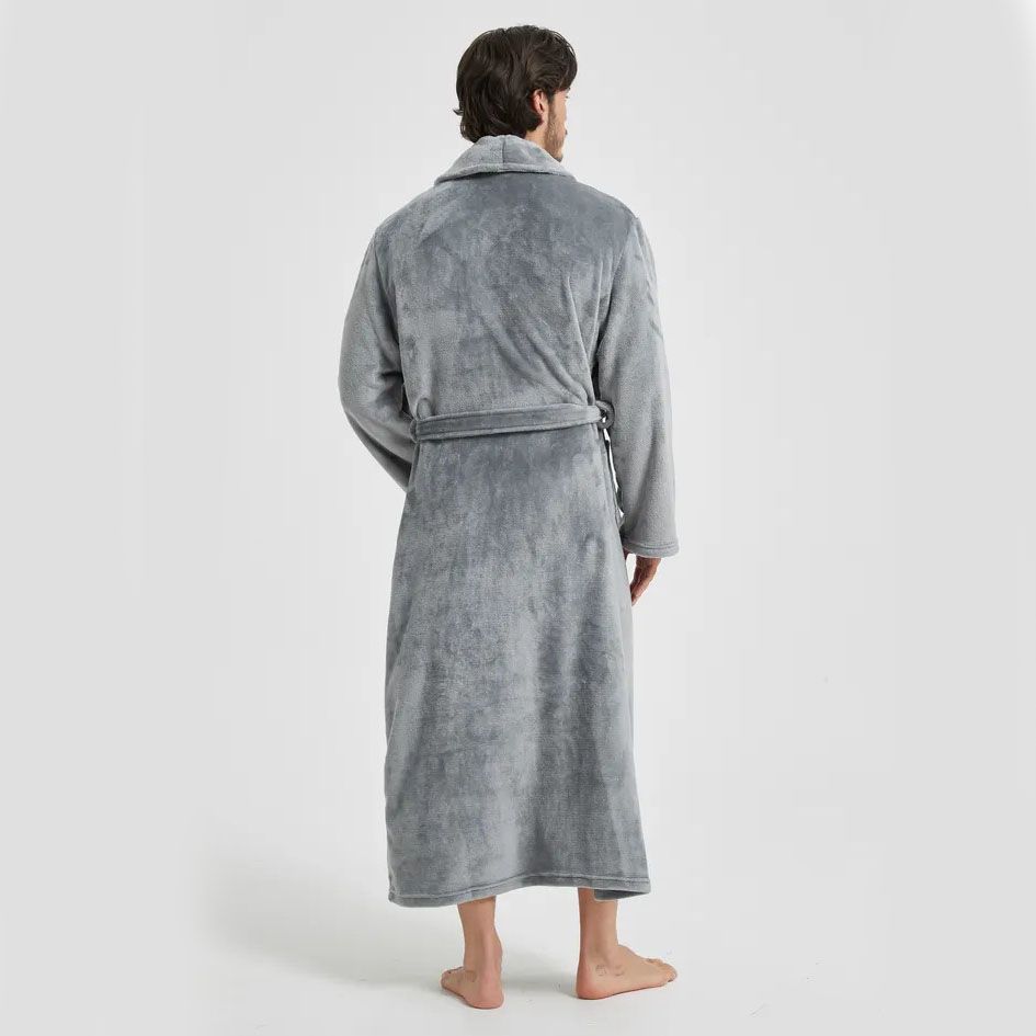 Men's Flannel Bathrobe Grey L Size - Soft Coral Fleece Hooded Kimono Collar Dressing Gown Loose Fit Warm Comfortable Loungewear Home Spa Easy Care Machine Washable