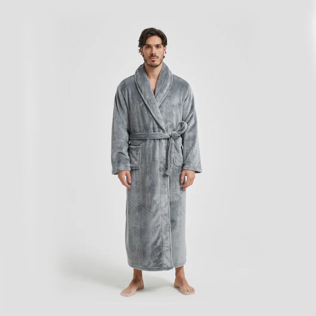 Men's Flannel Bathrobe Grey L Size - Soft Coral Fleece Hooded Kimono Collar Dressing Gown Loose Fit Warm Comfortable Loungewear Home Spa Easy Care Machine Washable