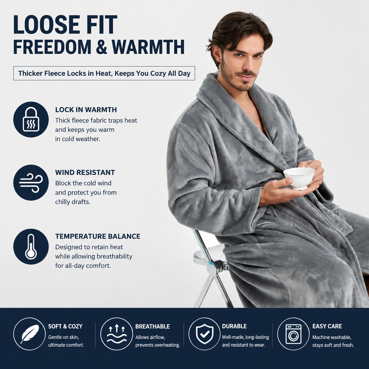 Men's Flannel Bathrobe Grey XL Size - Soft Coral Fleece Hooded Kimono Collar Dressing Gown Loose Fit Warm Comfortable Loungewear Home Spa Easy Care Machine Washable