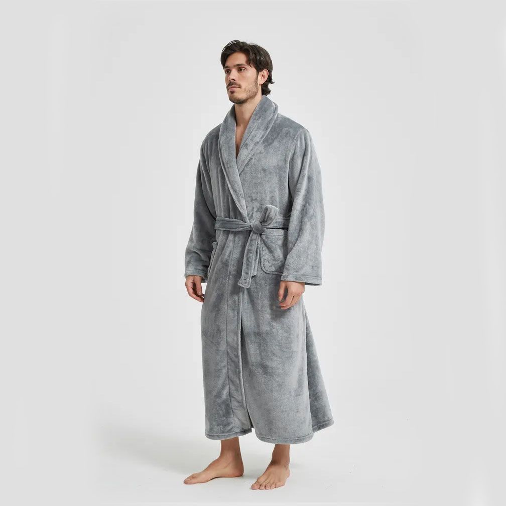 Men's Flannel Bathrobe Grey XL Size - Soft Coral Fleece Hooded Kimono Collar Dressing Gown Loose Fit Warm Comfortable Loungewear Home Spa Easy Care Machine Washable