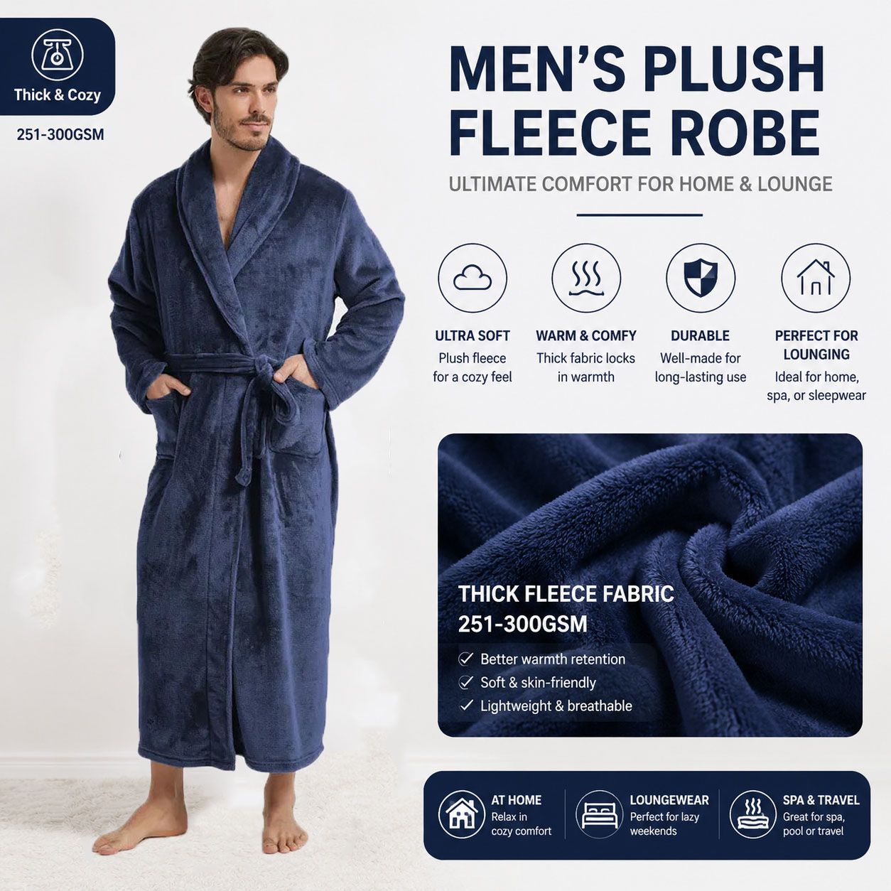 Men's Flannel Bathrobe blue M Size - Soft Coral Fleece Hooded Kimono Collar Dressing Gown Loose Fit Warm Comfortable Loungewear Home Spa Easy Care Machine Washable