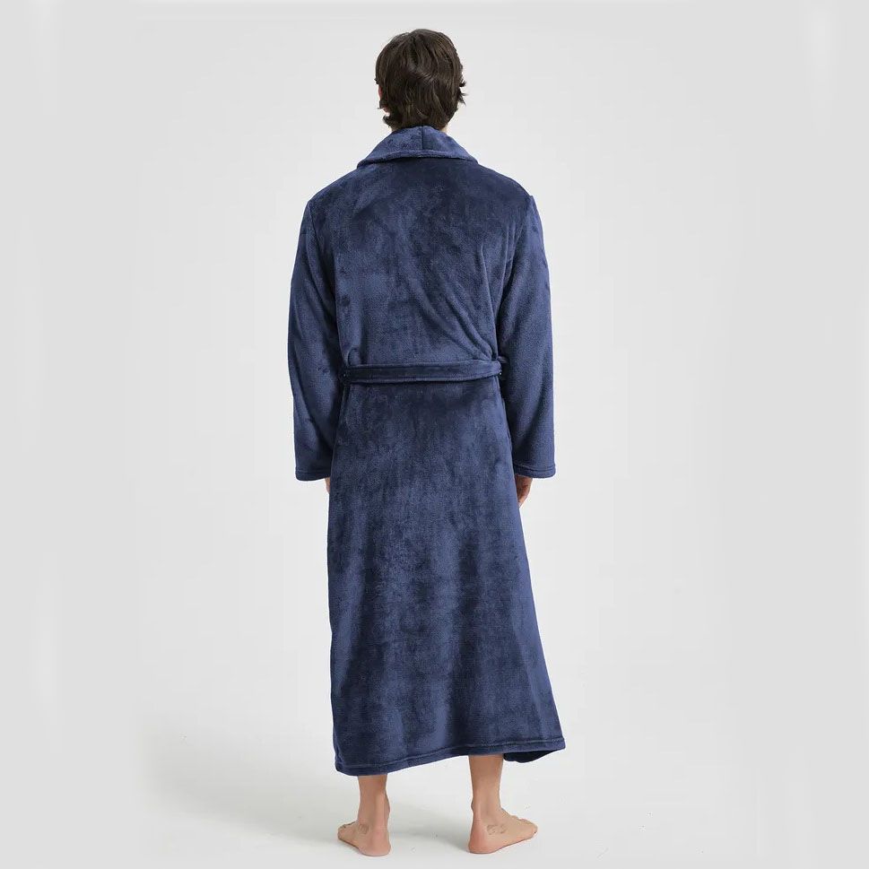 Men's Flannel Bathrobe blue L Size - Soft Coral Fleece Hooded Kimono Collar Dressing Gown Loose Fit Warm Comfortable Loungewear Home Spa Easy Care Machine Washable