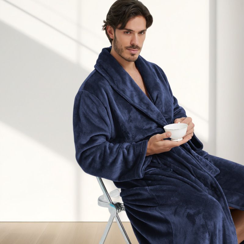 Men's Flannel Bathrobe blue XL Size - Soft Coral Fleece Hooded Kimono Collar Dressing Gown Loose Fit Warm Comfortable Loungewear Home Spa Easy Care Machine Washable