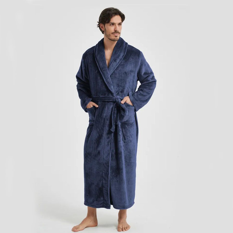 Men's Flannel Bathrobe blue XL Size - Soft Coral Fleece Hooded Kimono Collar Dressing Gown Loose Fit Warm Comfortable Loungewear Home Spa Easy Care Machine Washable