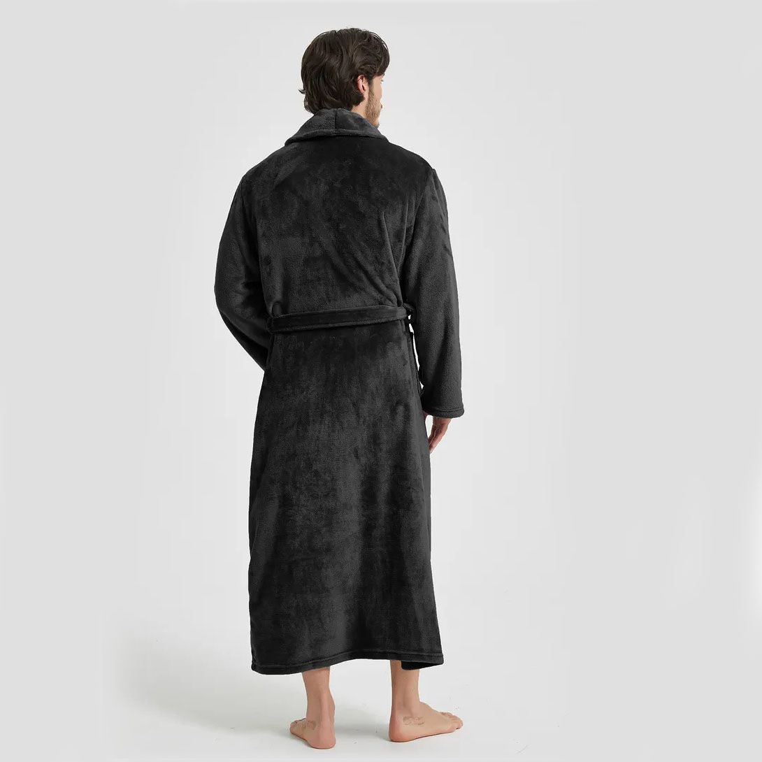 Men's Flannel Bathrobe Black M Size - Soft Coral Fleece Hooded Kimono Collar Dressing Gown Loose Fit Warm Comfortable Loungewear Home Spa Easy Care Machine Washable