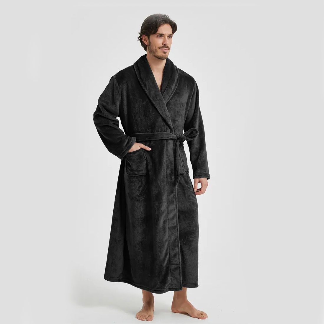 Men's Flannel Bathrobe Black L Size - Soft Coral Fleece Hooded Kimono Collar Dressing Gown Loose Fit Warm Comfortable Loungewear Home Spa Easy Care Machine Washable
