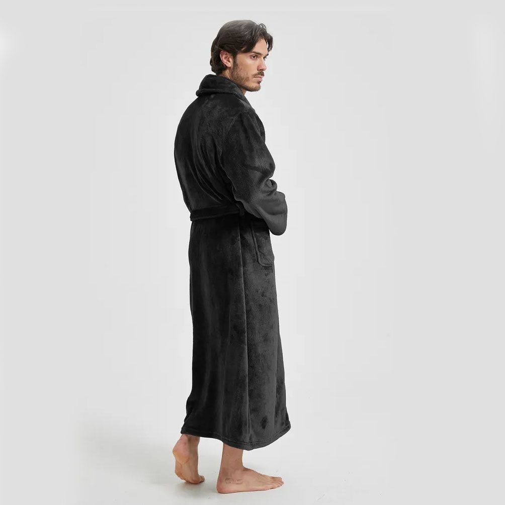 Men's Flannel Bathrobe Black L Size - Soft Coral Fleece Hooded Kimono Collar Dressing Gown Loose Fit Warm Comfortable Loungewear Home Spa Easy Care Machine Washable