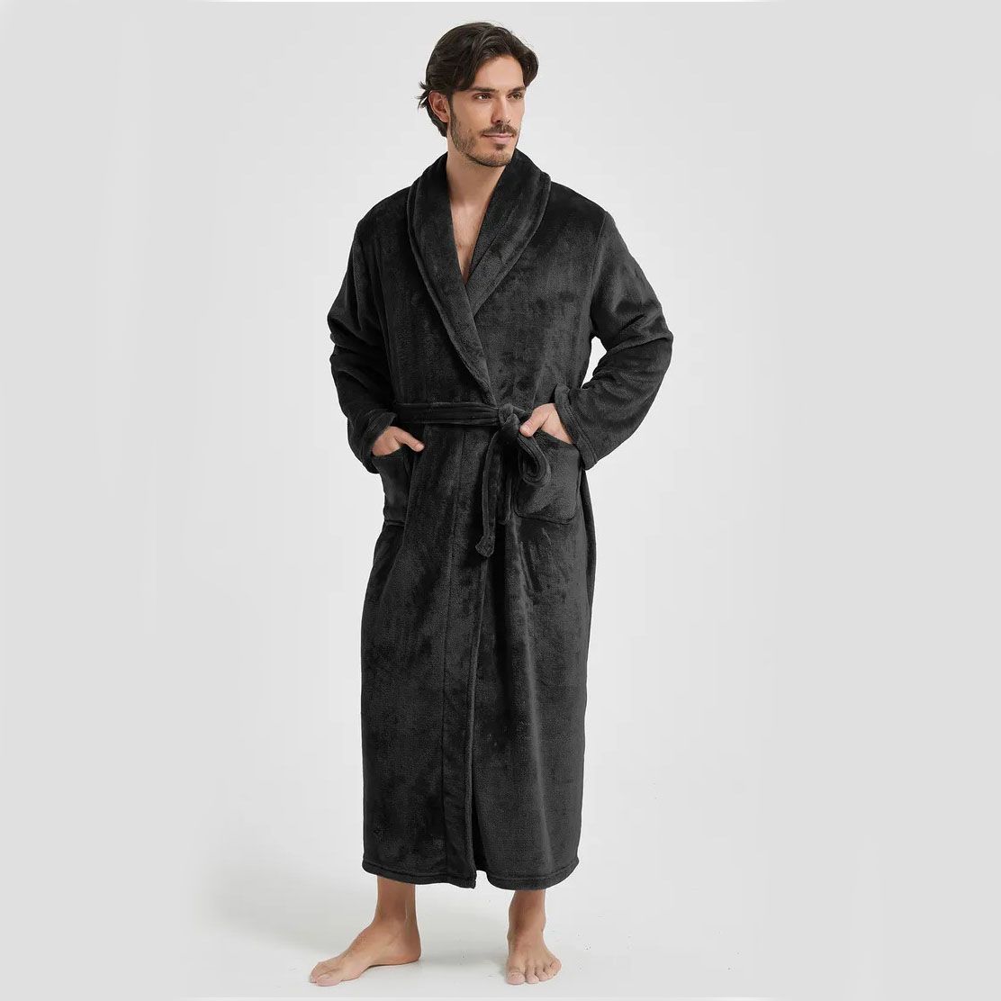 Men's Flannel Bathrobe Black L Size - Soft Coral Fleece Hooded Kimono Collar Dressing Gown Loose Fit Warm Comfortable Loungewear Home Spa Easy Care Machine Washable