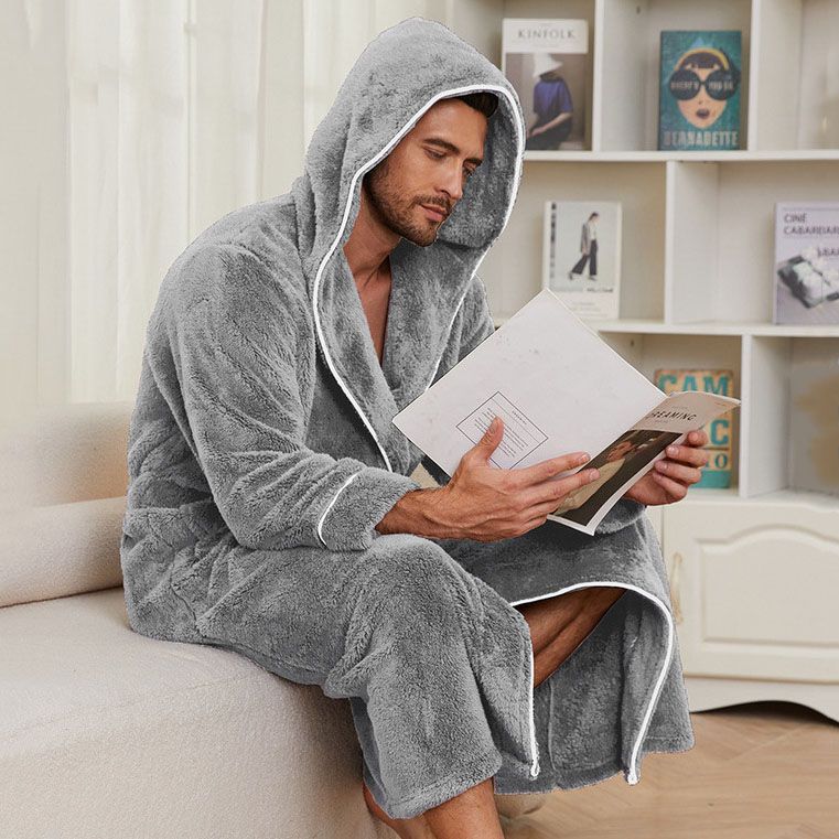 Men's Plush Fleece Hooded Bathrobe Grey L Size Shawl Collar Dressing Gown - Thick Warm Soft Winter Loungewear with Belt Deep Pockets Machine Washable Home Spa Comfort Gift Ready