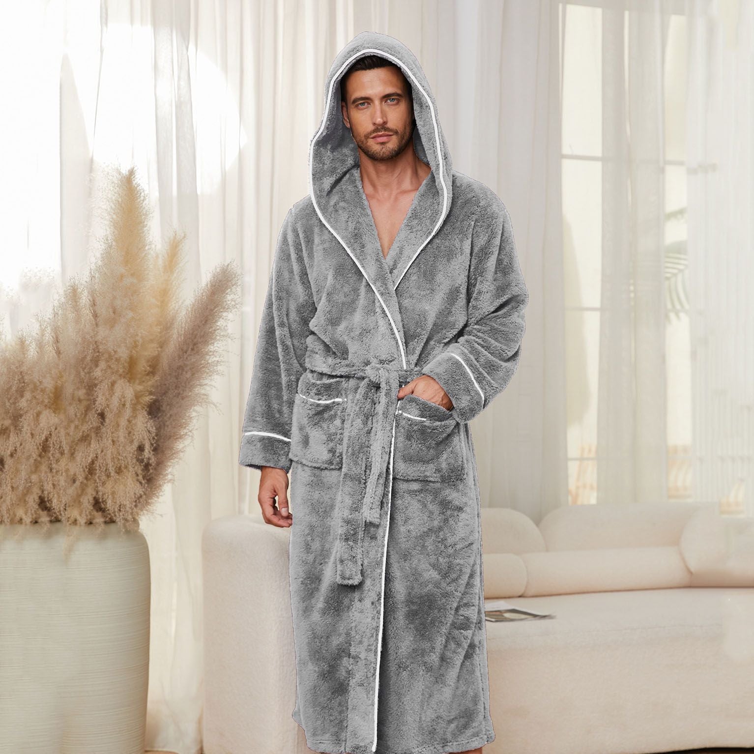 Men's Plush Fleece Hooded Bathrobe Grey XL Size Shawl Collar Dressing Gown - Thick Warm Soft Winter Loungewear with Belt Deep Pockets Machine Washable Home Spa Comfort Gift Ready
