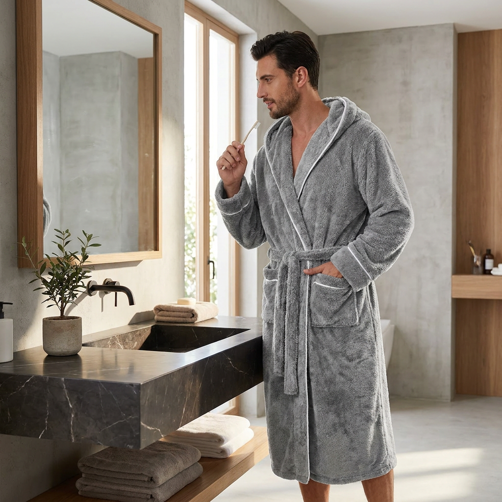 Men's Plush Fleece Hooded Bathrobe Grey XL Size Shawl Collar Dressing Gown - Thick Warm Soft Winter Loungewear with Belt Deep Pockets Machine Washable Home Spa Comfort Gift Ready
