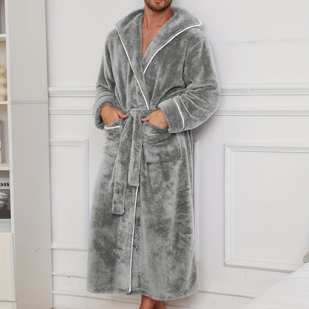 Men's Plush Fleece Hooded Bathrobe Grey XL Size Shawl Collar Dressing Gown - Thick Warm Soft Winter Loungewear with Belt Deep Pockets Machine Washable Home Spa Comfort Gift Ready