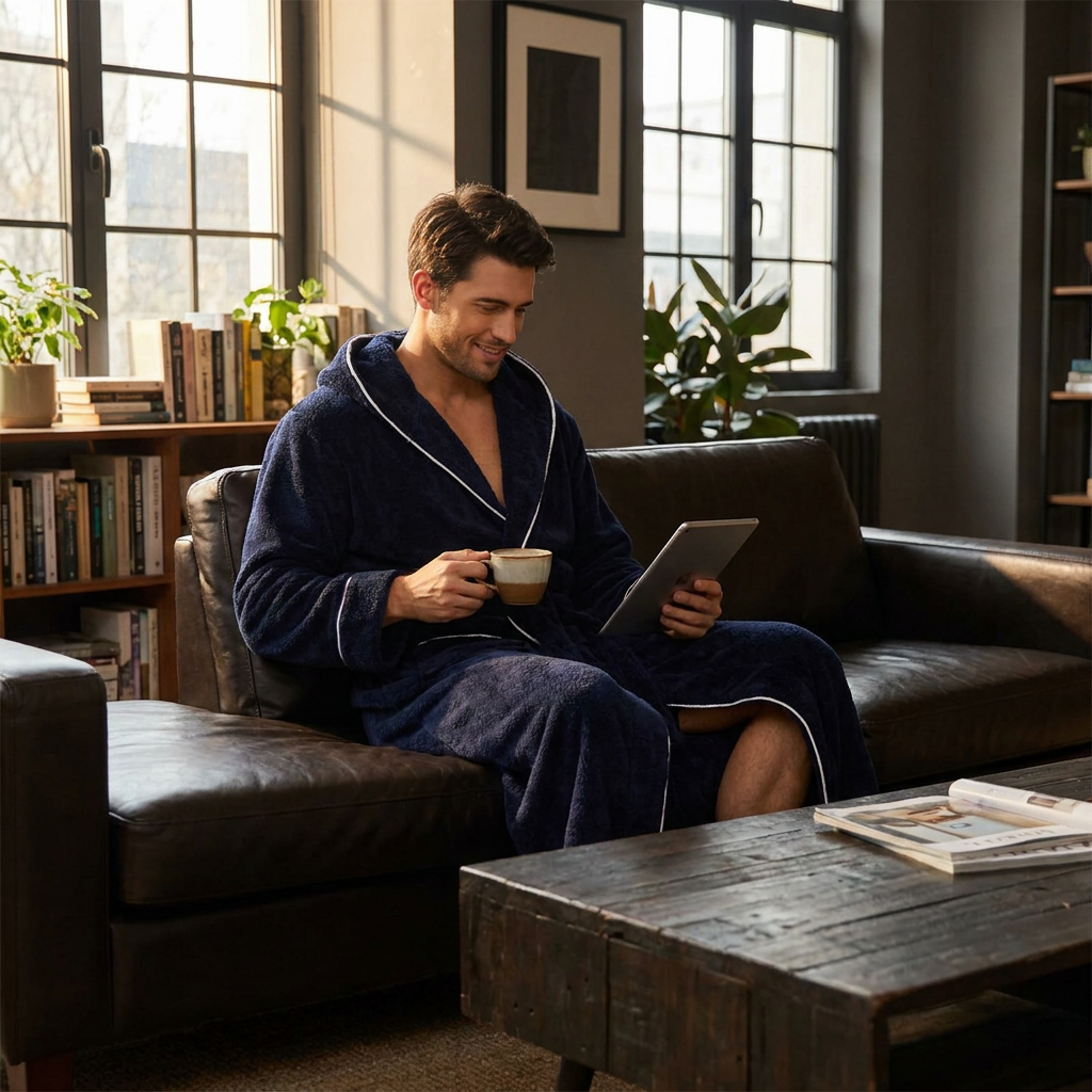 Men's Plush Fleece Hooded Bathrobe Blue L Size Shawl Collar Dressing Gown - Thick Warm Soft Winter Loungewear with Belt Deep Pockets Machine Washable Home Spa Comfort Gift Ready
