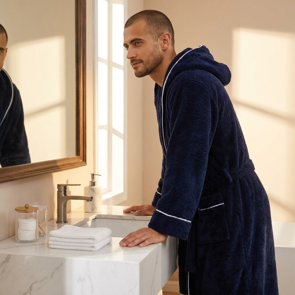 Men's Plush Fleece Hooded Bathrobe Blue XL Size Shawl Collar Dressing Gown - Thick Warm Soft Winter Loungewear with Belt Deep Pockets Machine Washable Home Spa Comfort Gift Ready