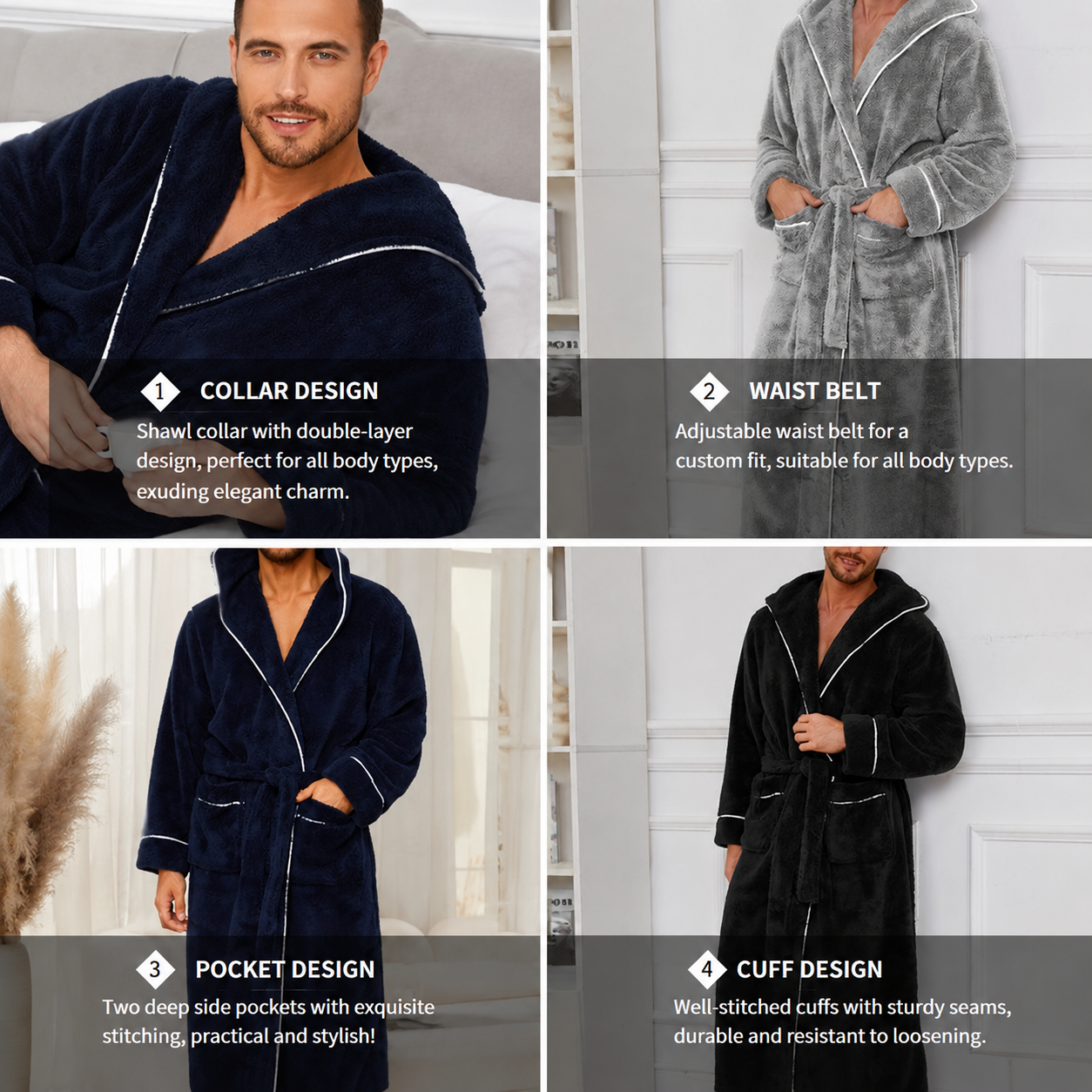 Men's Plush Fleece Hooded Bathrobe Blue XL Size Shawl Collar Dressing Gown - Thick Warm Soft Winter Loungewear with Belt Deep Pockets Machine Washable Home Spa Comfort Gift Ready