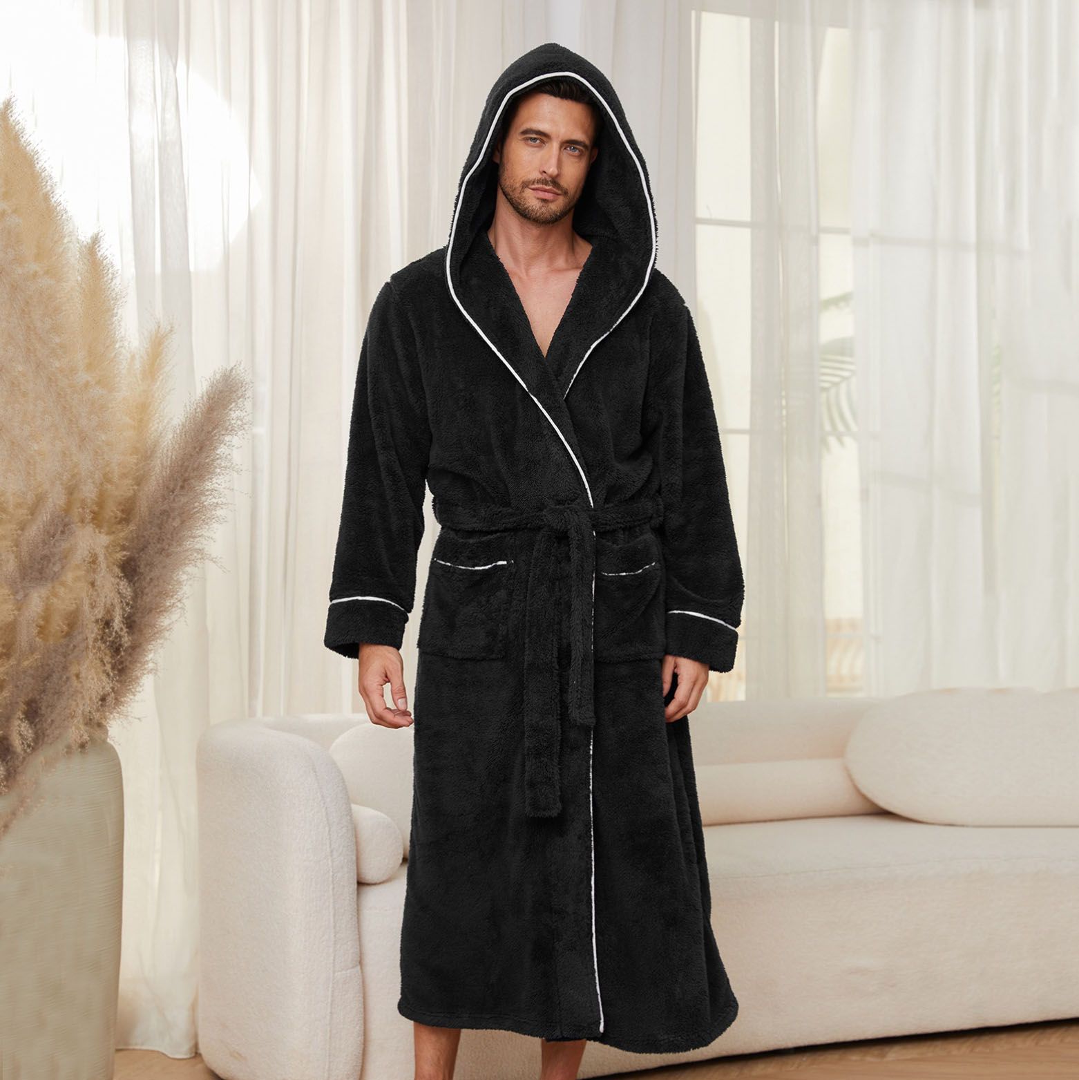 Men's Plush Fleece Hooded Bathrobe Black M Size Shawl Collar Dressing Gown - Thick Warm Soft Winter Loungewear with Belt Deep Pockets Machine Washable Home Spa Comfort Gift Ready