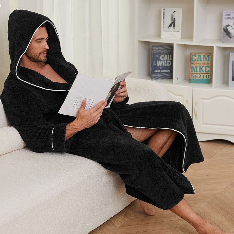 Men's Plush Fleece Hooded Bathrobe Black L Size Shawl Collar Dressing Gown - Thick Warm Soft Winter Loungewear with Belt Deep Pockets Machine Washable Home Spa Comfort Gift Ready