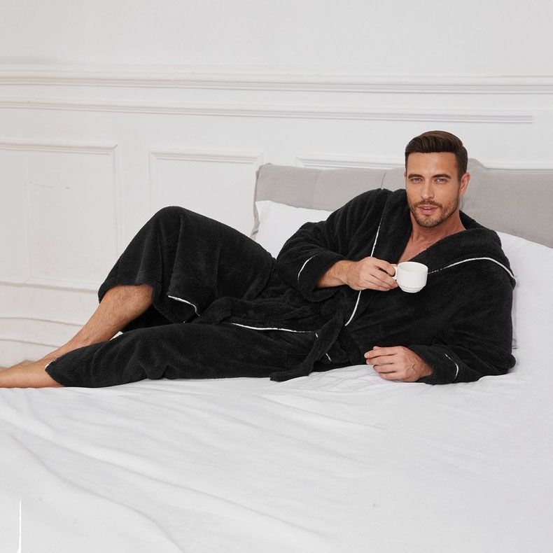 Men's Plush Fleece Hooded Bathrobe Black XL Size Shawl Collar Dressing Gown - Thick Warm Soft Winter Loungewear with Belt Deep Pockets Machine Washable Home Spa Comfort Gift Ready